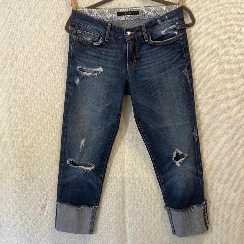 JOE’S JEANS Cropped Deep Hem Destroyed Jeans, Contrast Stitching & Fabric Sz 26